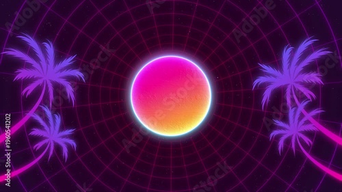 Neon Retro Palm Tree Sunset Scene.