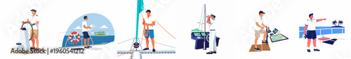 Set of flat vector illustrations depicting a male captain and crew members performing various tasks on a ship or yacht at sea.