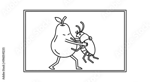A whimsical line art illustration depicting an anthropomorphic pear interacting with a playful