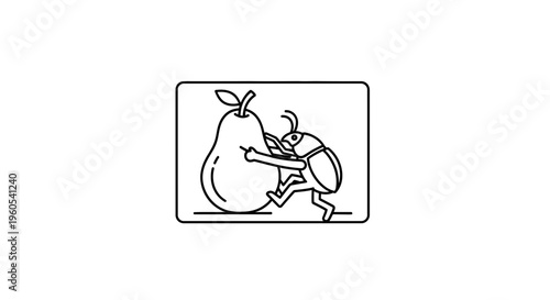 A whimsical insect character enthusiastically pushes a large ripe pear, symbolizing effort or