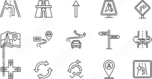 Road Signs and Navigation Icons Set Featuring GPS, Traffic Signals, Route Directions, Street Signs, and Highway Lane Markers