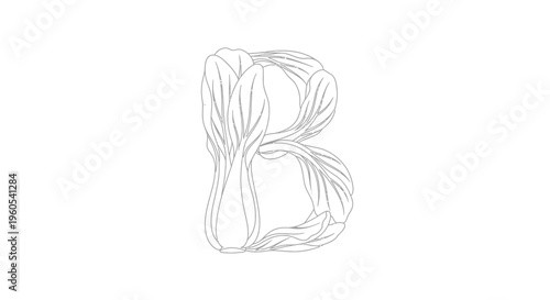 Elegant line art illustration of the letter B, creatively formed from stylized leafy green