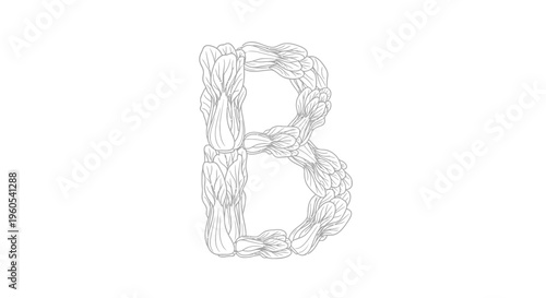 Artistic monochrome letter B crafted from delicate bok choy leaves outlining a healthy alphabet