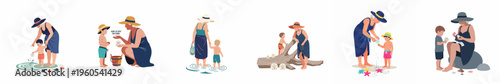 Multi-generational beach adventure illustrations featuring a grandmother and grandson exploring shells and the ocean shore in a modern flat design style.