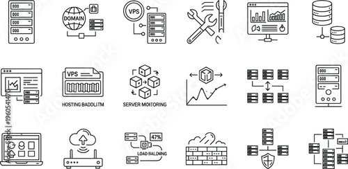 Server, Hosting, and Network Management Icon Set Featuring VPS, Domain, Load Balancing, and Server Monitoring for Web Infrastructure in Black and White