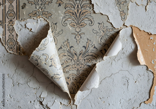 Decayed Antique Wallpaper Grunge Texture - Peeling Faded Floral Pattern Revealing Old Wall Background