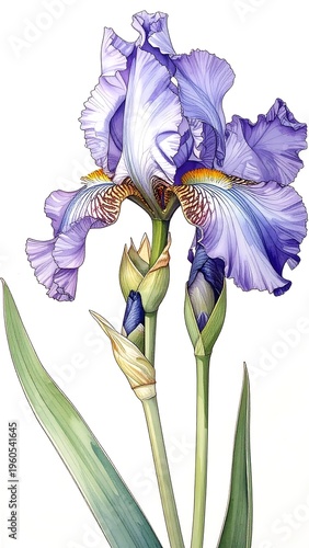 A purple iris flower with green leaves on a white background
