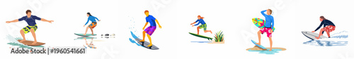Set of flat vector illustrations featuring diverse men and women surfing, jumping, and standing with surfboards on waves and the beach.
