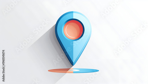 Blue location pin icon with long shadow and orange circle on a white background