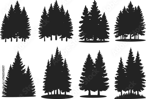 Black Pine Tree Silhouette Collection Set of Eight Evergreen Forest Conifer Clusters Isolated on White Background for Outdoors Nature Landscape Design and Vector Graphics