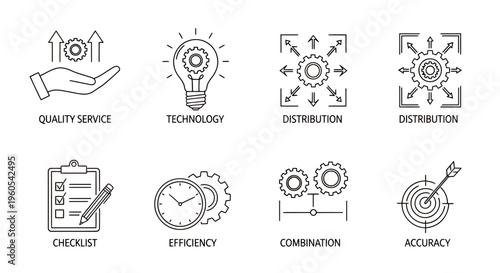 Infographic illustrating quality service, technology, distribution and efficiency icons for business operations.