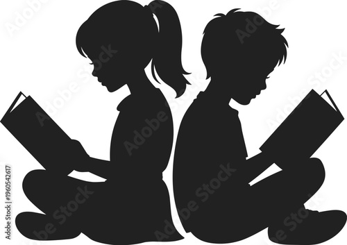 Black silhouette of a young boy and girl sitting back to back while reading books, representing childhood education, literacy, and academic learning.