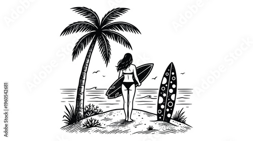 Surfer woman with surfboard standing on a sandy tropical beach