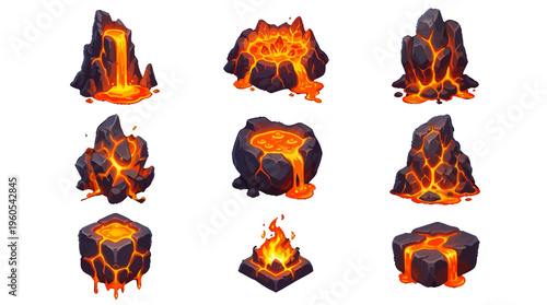 Stylized Lava Magma and Volcanic Rock Game Assets for Fantasy Level Design and Isometric Mobile Game UI Icons