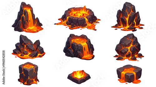 Set of Stylized Cartoon Volcanic Lava Rocks and Magma Sprites for Fantasy Game Level Design and Environment Assets