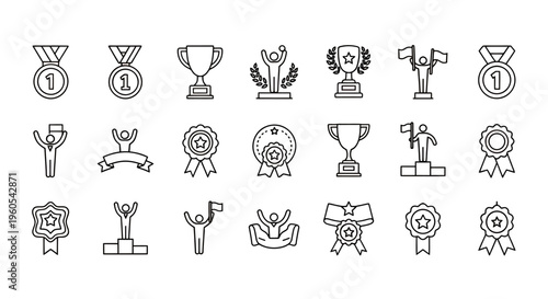 Collection of monochrome trophy and award icons for UI design, branding, and illustration projects.