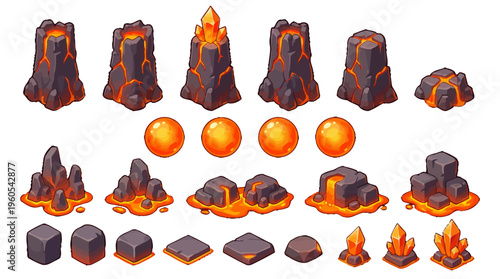 Lava Volcano Game Assets for Fantasy Strategy RPG Building Adventure UI Elements