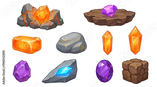 Set of Stylized Fantasy Game Assets with Colorful Crystals Gems and Rocks for RPG UI Design and Mobile App Development