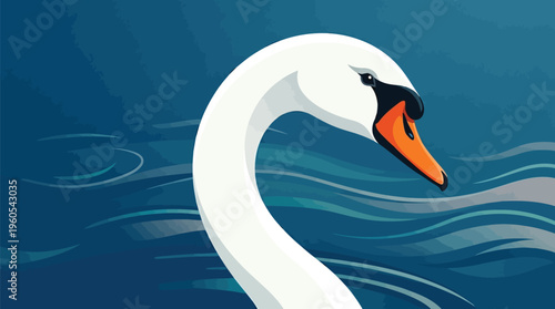 Elegant white swan gracefully swimming on calm blue water surface illustration