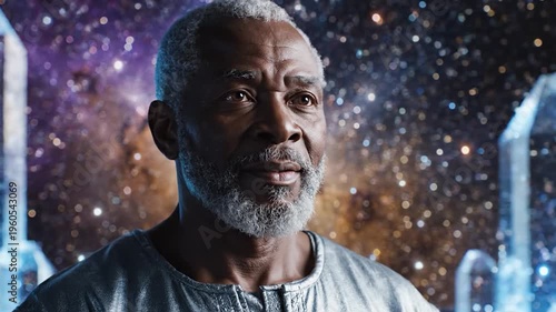 Elderly man gazes upwards in a cosmic crystalline environment