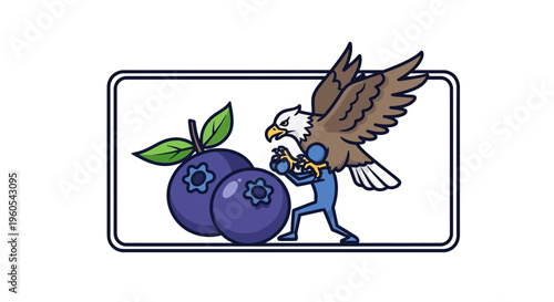 Whimsical eagle and blue figure protect ripe blueberries in a vibrant cartoon style