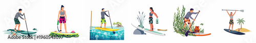 Set of flat vector illustrations depicting various stand-up paddleboarding activities in different environments like ocean waves, lily pads, mangroves, and tropical islands.