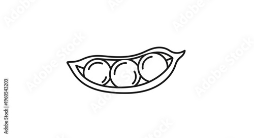 Minimalist black outline drawing of a fresh green pea pod with three round peas inside a clean