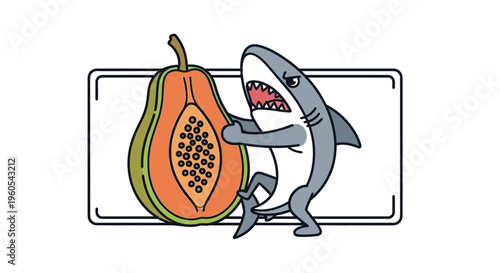 Aggressive cartoon shark character menacingly embracing a tropical ripe papaya fruit vector