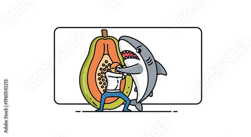 Cartoon illustration of a brave individual combating a fierce shark beside a giant papaya