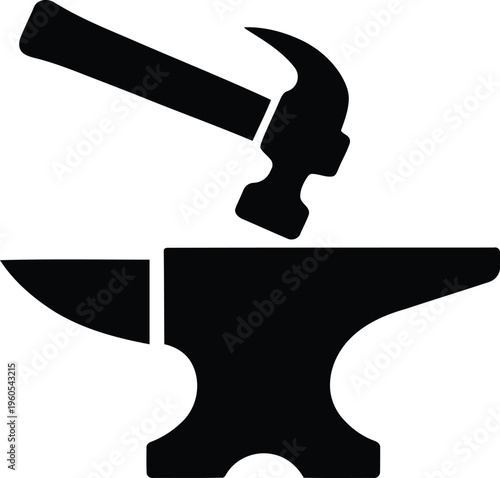 Minimalist blacksmith anvil and hammer silhouette icon vector illustration for industrial metalwork branding and craftsmanship workshop logo.