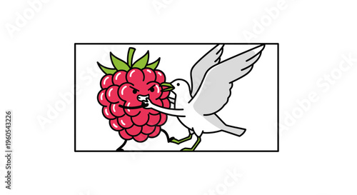 Whimsical Cartoon Confrontation Between a Feisty Raspberry and an Opportunistic Bird