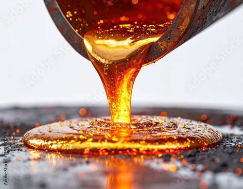 Golden Liquid Flowing from Container with Sparkles and Light Reflections