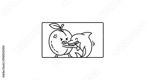 Whimsical fruit punches playful dolphin in funny cartoon illustration depicting absurd humor