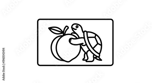 Charming simple line art of a cute cartoon turtle affectionately hugging a delicious fruit