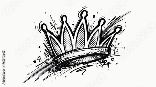 A hand-drawn illustration of a crown with bold lines and dynamic splatters