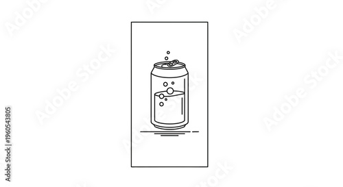 Crisp line art featuring an open aluminum can filled with bubbly carbonated refreshment