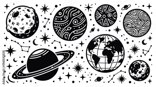 A black and white vector graphic illustration of planets, stars, and celestial bodies in a minimalist design style