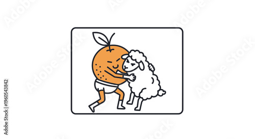 Charming minimal illustration showing a spirited orange in briefs playfully wrestling a fluffy