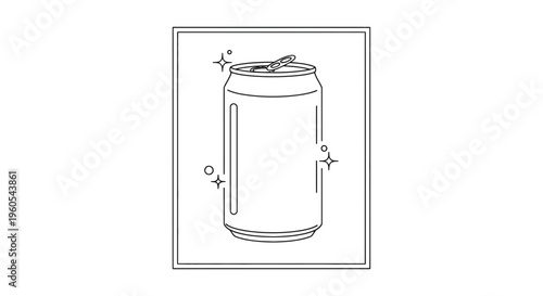 Sleek monochromatic outline of an open aluminum drink can with subtle sparkle elements framing the