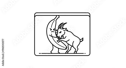 Whimsical line art illustration of a goat confronting a defiant banana character