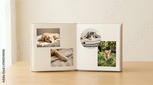 Photo album with pet memories displaying images of a dog in a home  