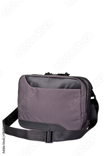 A small grey bag with a long adjustable handle.
