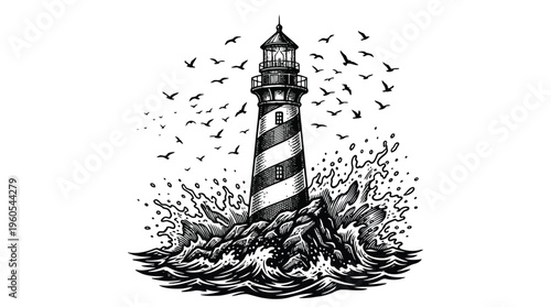 Engraved lighthouse with birds and ocean waves