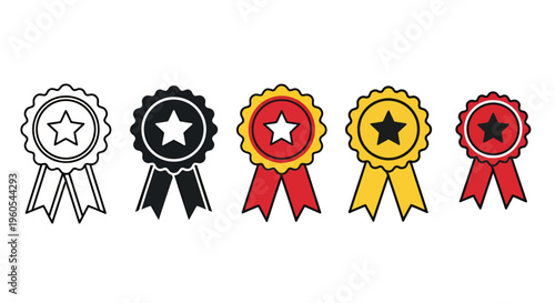 Set of five award ribbons featuring star medals in multiple colors and decorative designs.