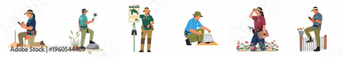 Vector illustrations of wildlife conservationists and volunteers dedicated to sea turtle protection, nesting site monitoring, and environmental research on a coastal beach.