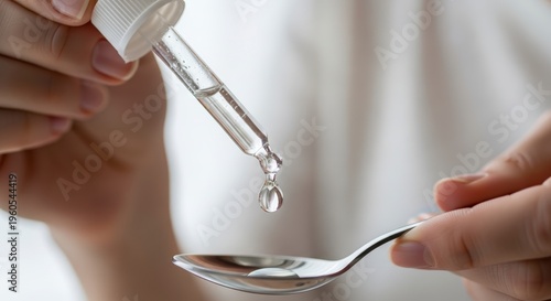 person holding spoon and dropper with liquid.