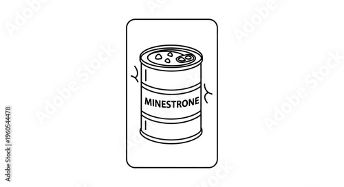 Minimalist line art illustration of a minestrone soup can with subtle steam lines for design