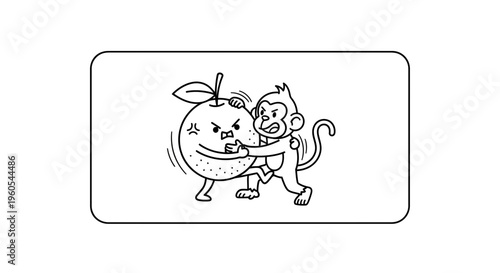Humorous cartoon illustration of a determined monkey grappling with an angry citrus fruit