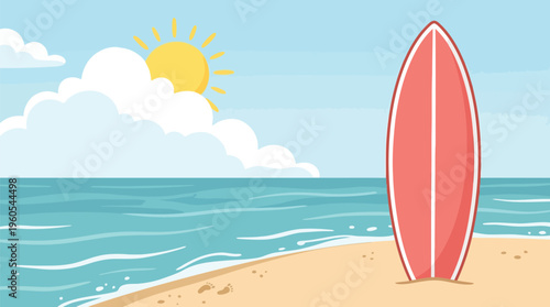 Vibrant red surfboard on summer beach