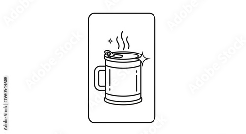 Stylized line art illustration of a hot steaming beverage in an innovative can-mug container with